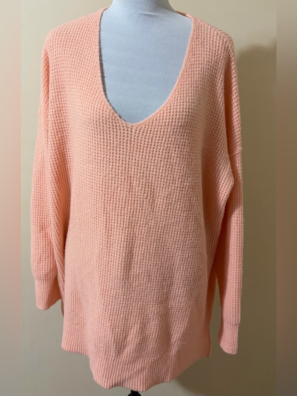 • Free People C.O.M.F.Y. Waffle Knit Tunic V-Neck Oversized Sweater sherbert M-L - Picture 2 of 6